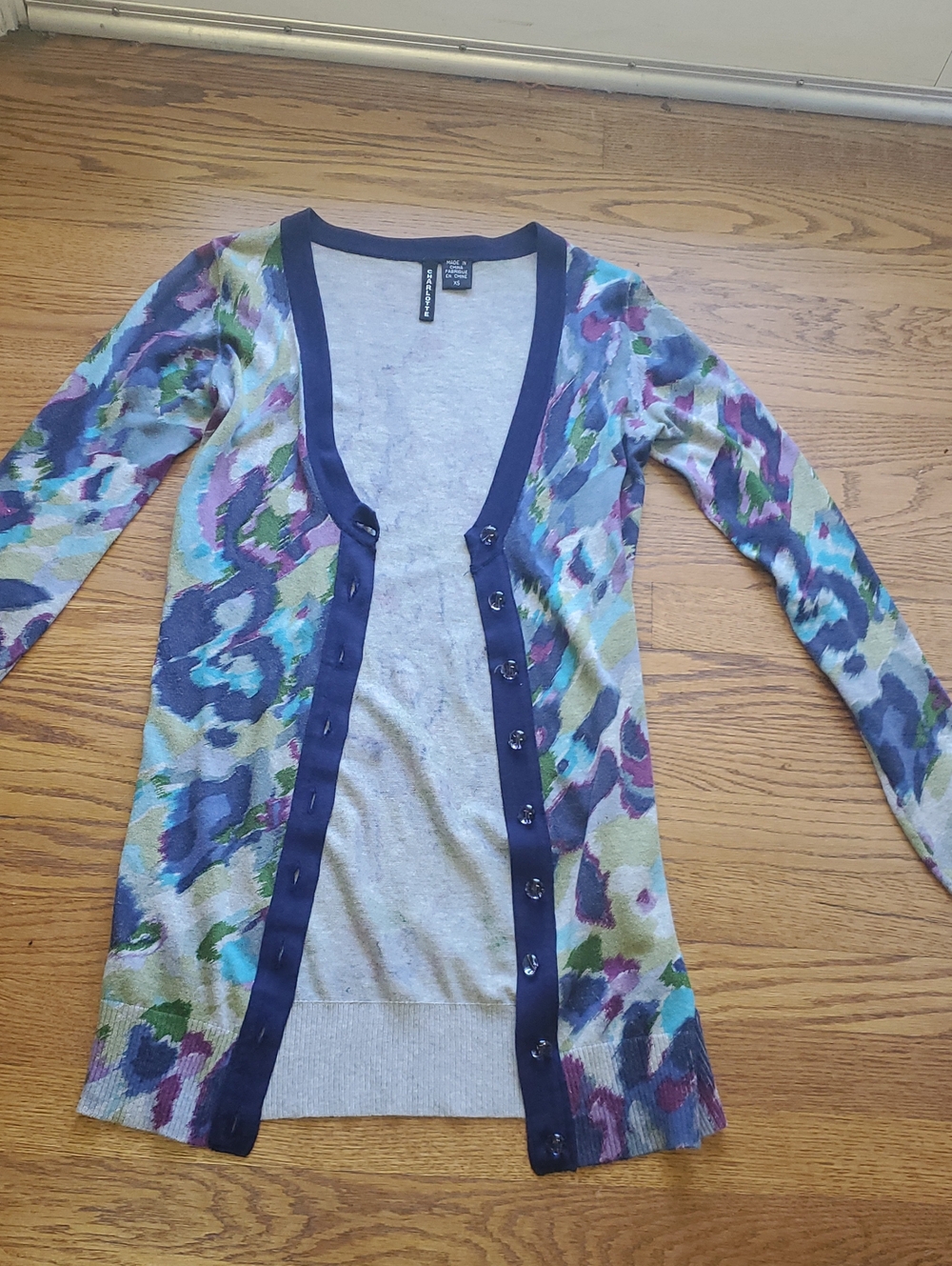 ANTHROPOLOGIE 100% Cotton V-Neck Button Front Multicolor Patterned Sweater XS
